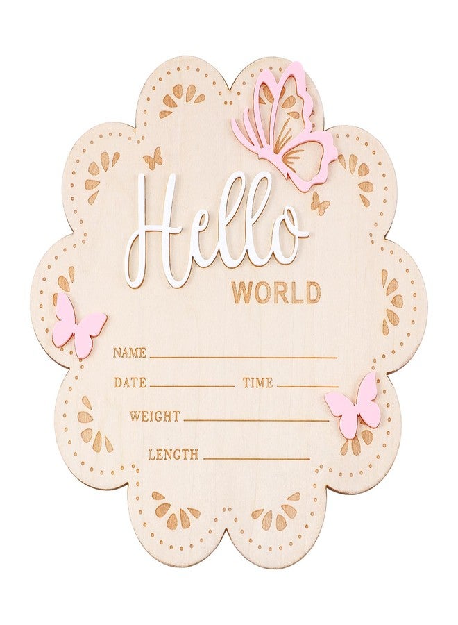 Nogeqi Hello World Newborn Sign, 6 Inch Pink Butterfly Baby Name Announcement Sign, Birth Announcement Signs, Wooden Baby Welcome Signs for Newborn Photo Props Babies Shower Hospital Nursery - Image 1